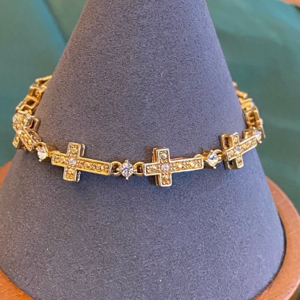 Cross Bracelet vintage Avon gold tone setting with clear crystal rhinestones